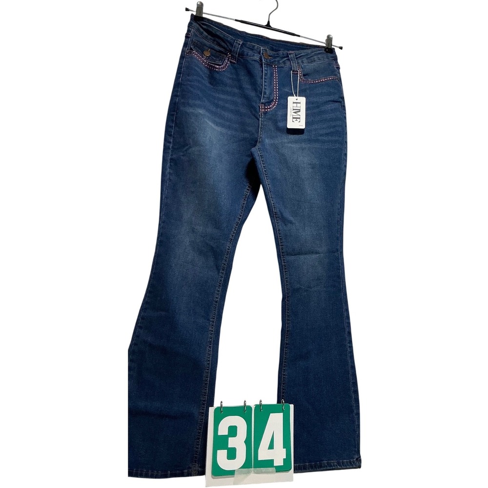 HME Womens High Waisted Flare Jeans Blue Pink Contrast Stitch Flap Pocket L 34